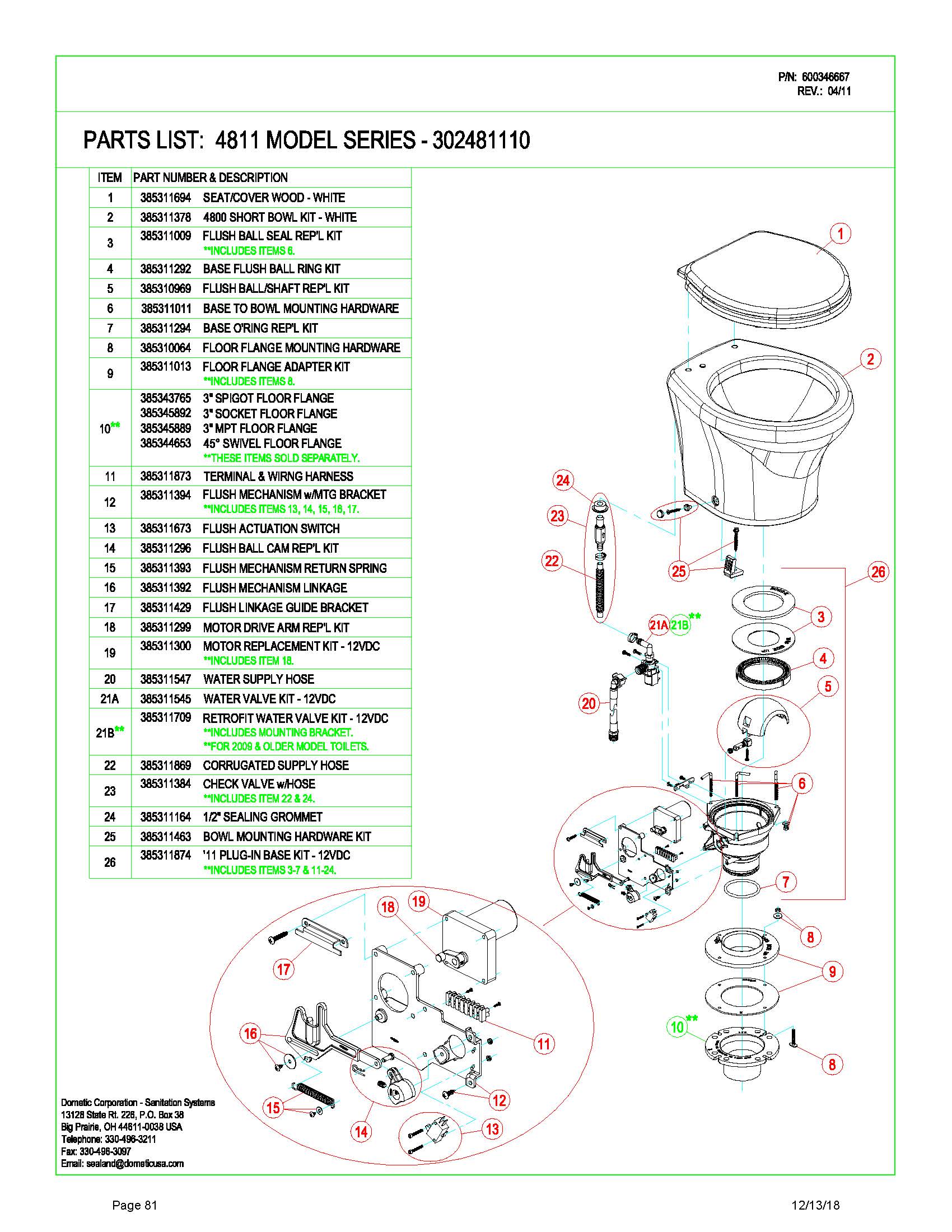 Sealand Dometic 4811 Gravity Toilet Spare Parts